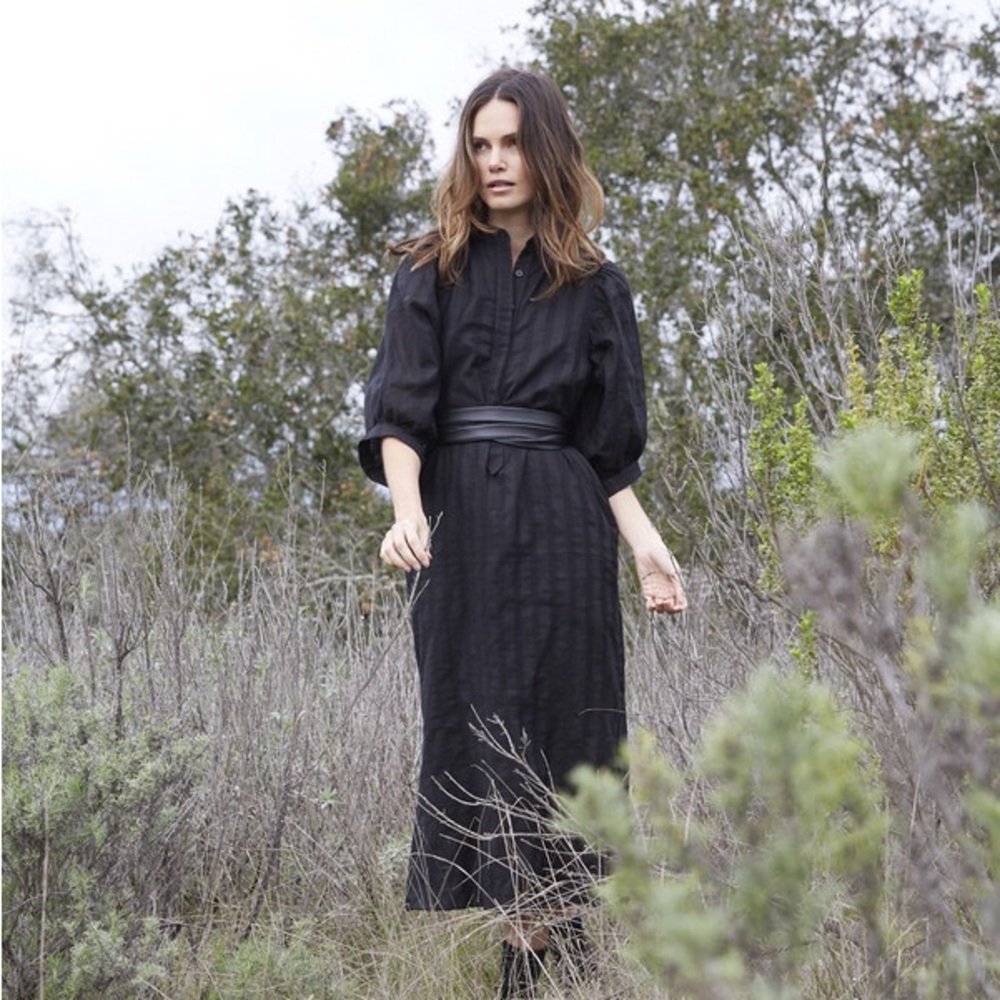 Women's Black Midi Shirt Dress with Waist Tie